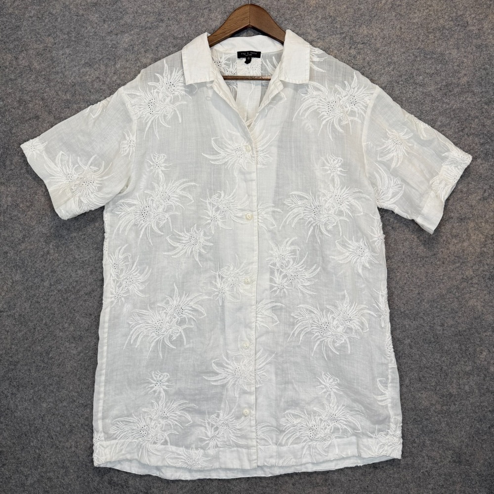 Rag & Bone Reed Floral Embroidered Shirt Dress Womens Medium Semi Sheer White